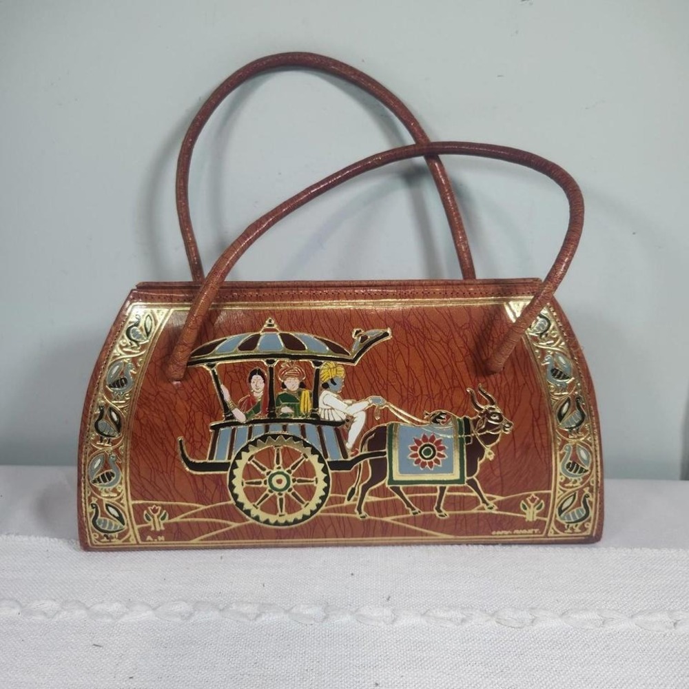 Vintage Hand Tooled Leather Purse Ox Cart Scene Folk Art Boho Shoulder Bag Brown
